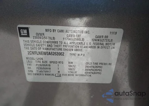 2010 Chevrolet Equinox Lt from USA, damaged, VIN 2CNFLNEW0A6263962